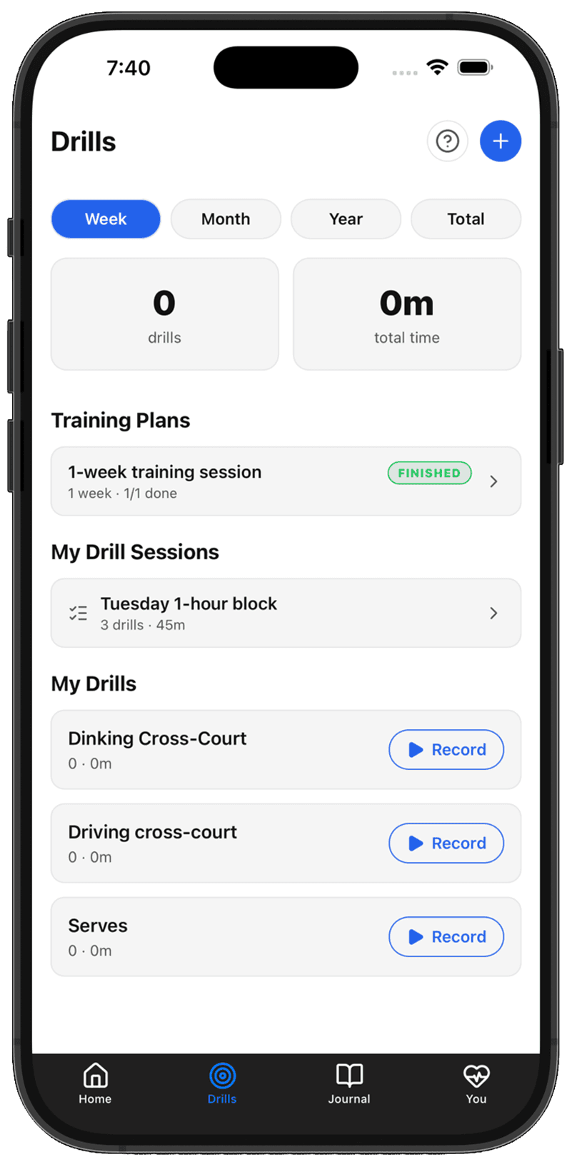 CourtMetrics drills screen on iPhone